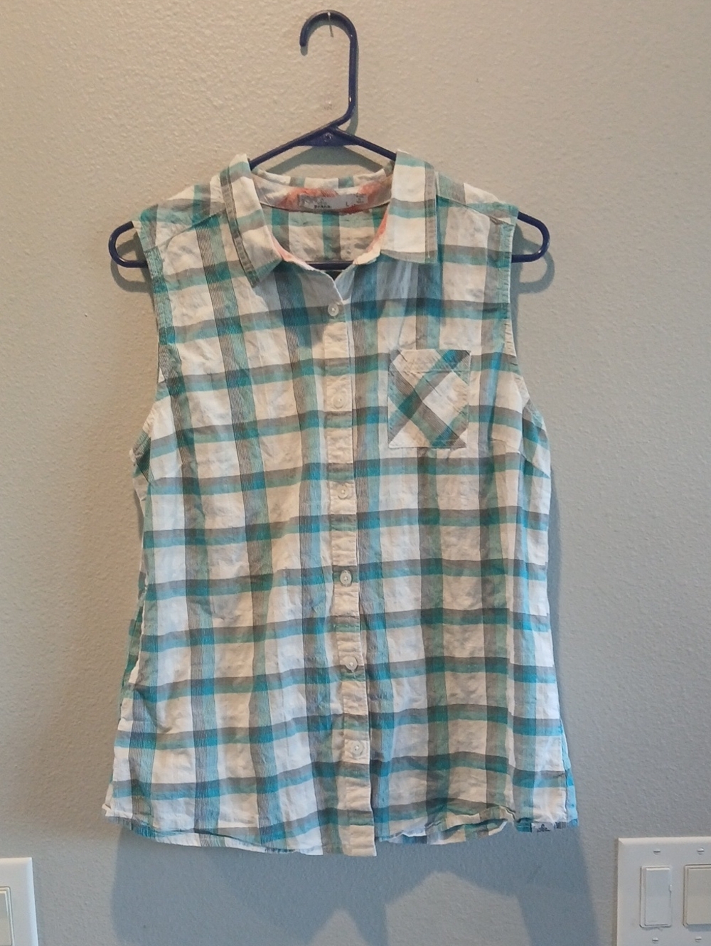 Prana Plaid Button-Down Shirt in Teal, Coral, White Large Summer